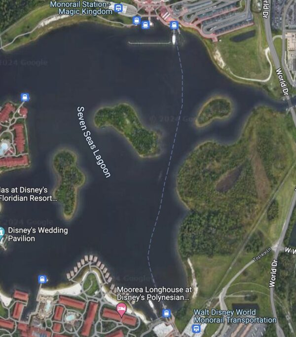 A view of ferry's path across Seven Seas Lagoon on Google Maps